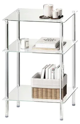 Produktbild von Beistelltisch aus Glas, eckig, transparent, mobiler Couchtisch mit 3 Ablagen für das Wohnzimmer