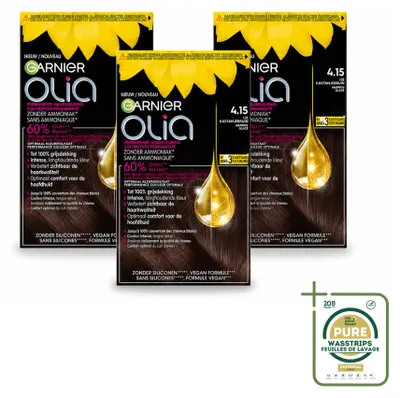 Produktbild von 3 x Garnier Olia 4.15 Haarkleuring - Kastanje Middenbruin - Ammoniakfrei - Vorratspackung - 3 Stücke