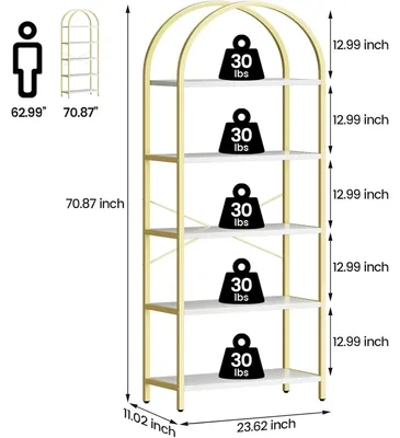 Zdjęcie produktu dla Pięciopoziomowa regała na książki - Wolnostojąca - 5 półek, wysokość 180 cm - Metalowa konstrukcja - Styl industrialny - Biały kolor
