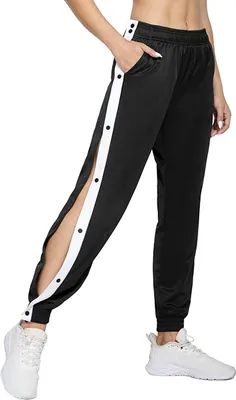 Produktbild von ASKSA Damen Jogginghosen Sporthose Knöpfen Schlitz Hosen mit Streifen Lässige Freizeithose Fitnesshose Traininghose, Schwarz, L