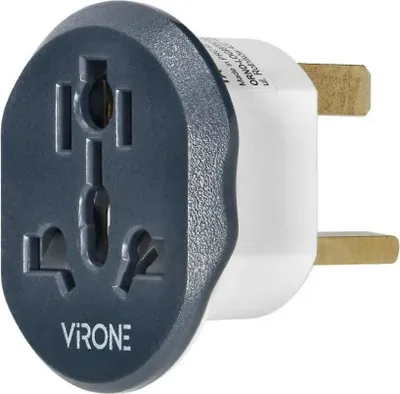A close-up studio shot of a universal travel adapter.