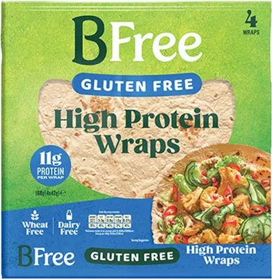 The image shows the packaging of BFree High Protein Wraps.