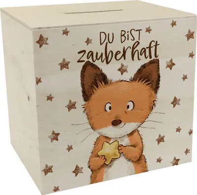 Produktbild von Du bist zauberhaft Spardose aus Holz mit Fuchs im Aquarell-Stil und Spruch