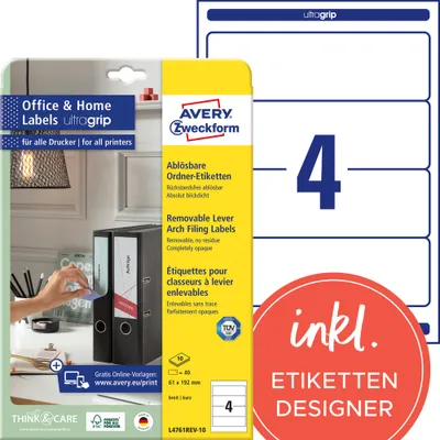 Produktbild von Avery Zweckform L4761REV-10 Ordner-Etiketten, ablösbar, Home Office, Kleinpackung, A4 mit ultragrip, 61 x 192 mm, 10 Bogen/40 Etiketten, weiß