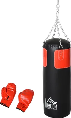 Produktbild von Boxsack-Set 16 KG mit Boxhandschuhen für Erwachsene und Jugendliche, Schwarz-Rot, Ø30x120cm