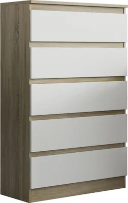Produktbild von Masseno Kommode ADRIANO 70 cm Sideboard mit 5 Schubladen für Wohnzimmer Schlafzimmer Modern 70x33x112 cm Sonoma Eiche / Weiß