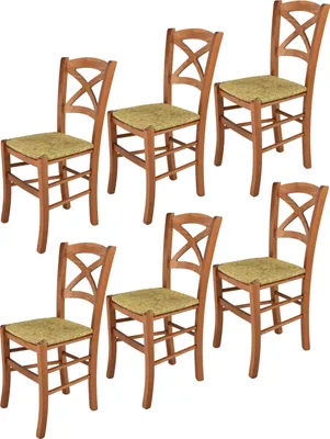 Produktbild von t m c s Tommychairs - 6er Set Stühle CROSS für Küche und Esszimmer, robuste Struktur aus lackiertem Buchenholz im Farbton Kirschholz und Sitzfläche aus Stroh