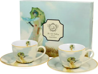 Produktbild von DUO ART GALLERY Sada 2 šálok na espresso 90 ml ŽENA S PARAZOLOM s podšálkami, nový porcelán z kostnej Číny