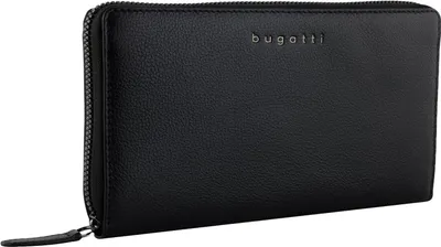 A black leather wallet with a zipper closure and the brand name 'bugatti' embossed on the front.