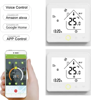 Obrázek produktu pro 2X Wifi Smart termostat Vodní topení Pokojové termostaty Ovladač teploty APP Control 5A Kompatibilní s Alexa / Google Home Podlahové topení pro domácnost - Bílý nástěnný termostat Nástěnné topení