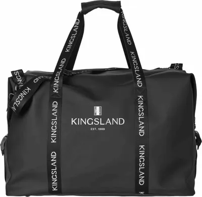 A black duffel bag with white branding.