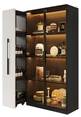 Produktbild von AIORBER Vitrine mit Glastür und LED Beleuchtung Highboard mit Seitenauszug Multifunktionsschrank Glasschrank für Wohnzimmer Esszimmer MDF 110,5x35x160cm Schwarz