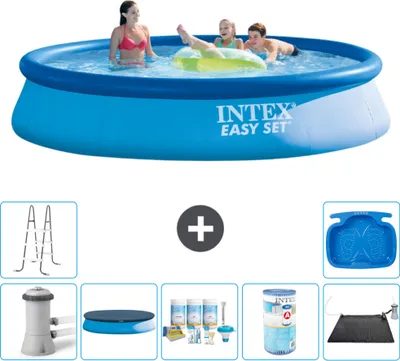 Produktbild von Intex runder aufblasbarer Easy Set-Schwimmpool – 396 x 84 cm – Blau – inklusive Pumpe Abdeckung - Wartungspaket - Filter - Solarmatte - Leiter - Fußbad
