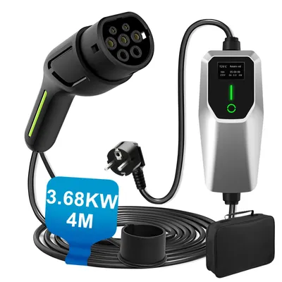 Produktbild von Junsun 3.68KW 6-16A Ladegerät Ladekabel Typ 2 CEE & Schuko Elektroauto 1 Phasig Heim EV Ladegerät 4m 230V IP65 LCD Display