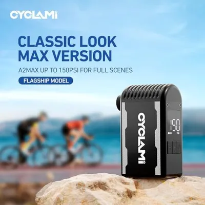 Produktbild von Cyclami A2max Mini Elektrofahrradpumpe Automatische Druckmessung auf 150 psi, USB-C-Batterie, Presta & Schrader