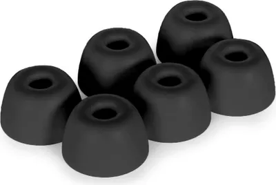 A group of black silicone ear tips for earbuds.