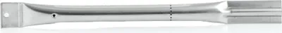 A silver metal gas grill burner on a white background.