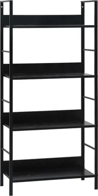 A black, four-shelf bookshelf against a white background.