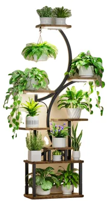 Zdjęcie produktu dla Stojak na rośliny, wbudowane oświetlenie do roślin, wielofunkcyjny design, brązowy