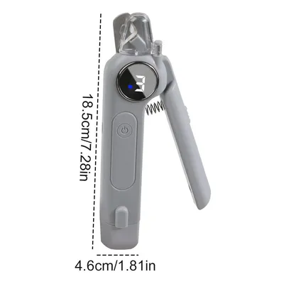A close-up of a gray pet nail clipper with a digital display.