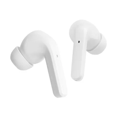 Two white wireless earbuds are shown against a white background.