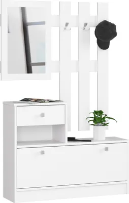 A white shoe cabinet with a mirror and coat rack.