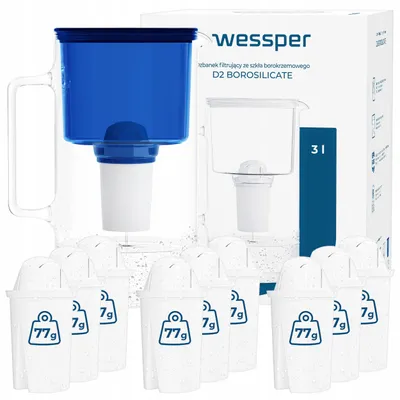 Image de Carafe filtrante Wessper D2 BOROSILICATE 3 L bleue – Carafe filtrante en verre avec 10 filtres AquaClassic, sans BPA