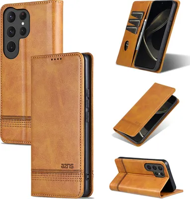 Produktbild von Leder Hülle für Samsung Galaxy S25 Ultra, Klapphüllen Brieftasche Magnetverschluss Ständer Schutzhülle Gelb
