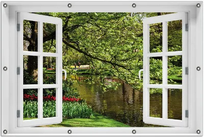 Produktbild von Wallario Outdoor-Poster für Garten oder Balkon 100 x 150 cm: Bunte Blumen im Park am Wasser - Frühblüher am Ufer