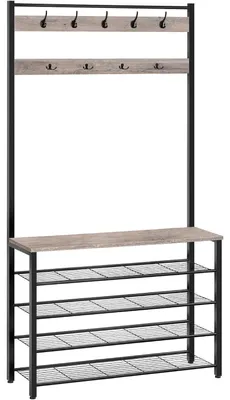 Productafbeelding van Garderobekast met schoenenrek, 5 niveaus, 100x32x190 cm, kleur: greige/zwart