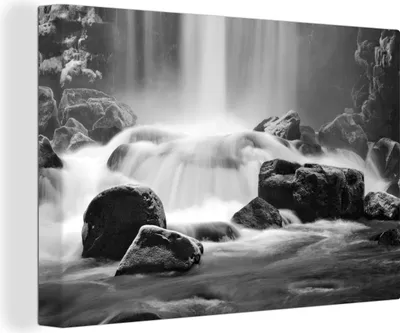 Produktbild von MuchoWow® - Leinwandbilder - Wasserfall - Schwarz - Weiß - Steine, Wandbild, Wanddeko Bilder Wohnzimmer, 120x80 cm