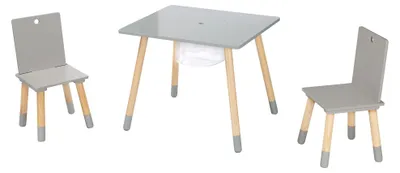 Imagen del producto de Conjunto de sillas y mesa infantil de madera con espacio de almacenamiento. Set de muebles infantiles que incluye 2 sillas y 1 mesa. Set de mesa infantil que incluye una red de almacenamiento. Color: gris / natural