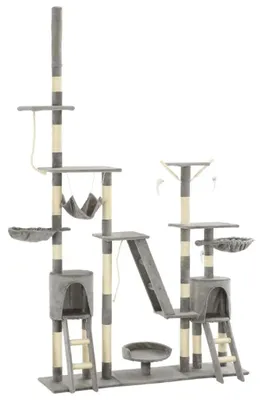 Image de Arbre à chat - Grand arbre à grimper de 230 à 250 cm - Poteaux à griffer en sisal - À plusieurs étages avec maisonnettes et hamac - Vert militaire