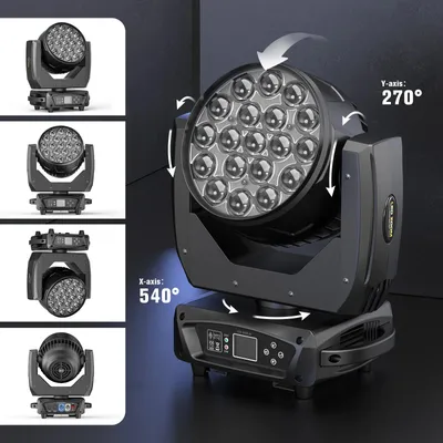 Image de Projecteurs LED motorisés - Lot de 2 - 19 x 15 W RGBW - Zoom 10–55° - DMX512/RDM - Prise européenne - Noir