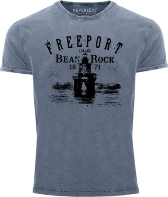 Produktbild von Herren Vintage Shirt Retro Print Leuchturm Schriftzug Freeport Island Neverless® blau XXL