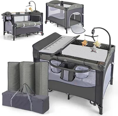 Produktbild von 5 in 1 Beistellbett, Babybett höhenverstellbar mit Matratze & Rollen, Reisebett Baby mit Wickeltisch, Hängespielzeug, Spieluhr & Sicherheitsgurt, Stubenwagen Babywiege für Kleinkinder (Blau)