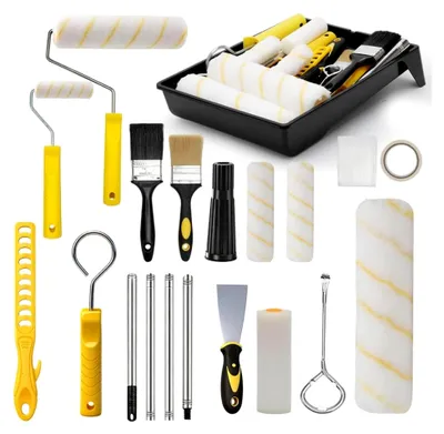 Produktbild von Farbroller Set mit Teleskopstange, 18-teiliges Malerset mit 1,2 m Teleskopstange, 23 cm + 11 cm Malerrolle, Pinsel, Schaber und Farbwanne
