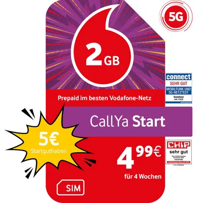 Produktbild von Vodafone Prepaid CallYa Start | 2 GB | 5 EUR Guthaben | ohne Vertrag | 5G | Allnet Flat | EU-Roaming | weltweit nutzbar