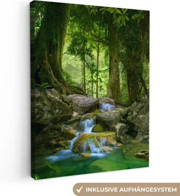 Produktbild von MuchoWow® - Leinwandbilder - Dschungel - Steine - Wasser - Natur - Pflanzen, Wandbild, Wanddeko Bilder Wohnzimmer, 90x120 cm