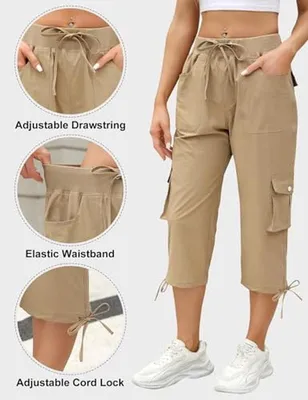 Cropped Hose Damen Sommer Capri Hose mit mehreren Taschen