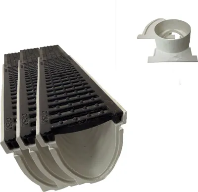 Produktbild von 3x Xanie Entwässerungsrinne V Kunststoffrost Klasse B 100cm + Ablaufanschluss-Set horizontal