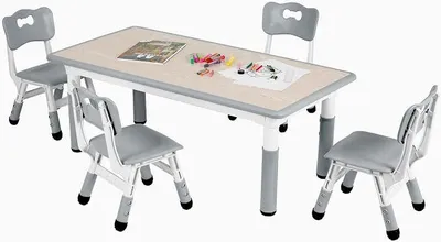 Produktbild von Kindertisch mit 4 Stühlen, Tisch Stuhl Set Höhenverstellbar,Kindertischgruppe für Kinderzimmer, Plastik Kindermöbel, Kindertisch und Stuhlset für Jungen Mädchen ab 2 Jahre (Grau)