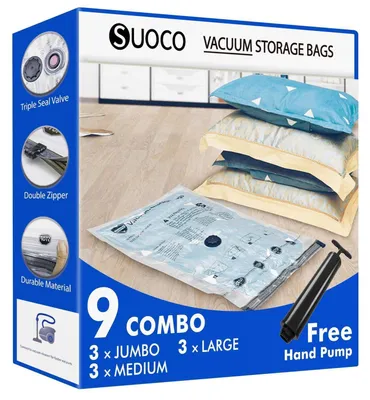 Produktbild von Vakuumbeutel für Kleidung 9er Set mit Handpumpe Jumbo/Large/Medium platzsparend