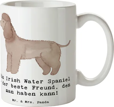 Produktbild von Mr. & Mrs. Panda Kaffeebecher Irish Water Spaniel Freund - Weiß - Geschenk, Hunderassen Eigenschaften, keramik, Hunderasse, Pflege, Jagdhund, Pott, Teetasse, Hund, Tasse
