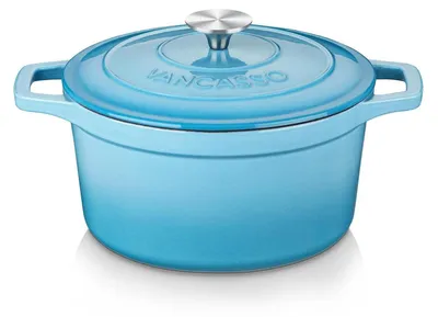 Produktbild von Gusseisen Bräter mit Deckel 6L Ø 28cm Induktion Blau Emaille Schmortopf Kasserolle Rund