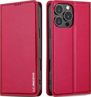 Produktbild von Handyhülle für iPhone 16 Pro, Magnetische Flip Leder Hülle mit Kartenfach und Standfunktion Rot