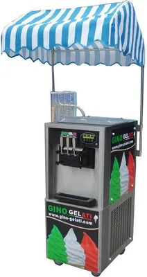 A soft-serve ice cream machine with an awning, displayed on a white background.