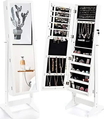 Produktbild von GOPLUS Schmuckschrank mit Ganzkörperspiegel, freistehender Schmuckständer, mit 108 Ohrringfächern & 18 Halskettenhaken & 98 Ringfächern & 5 Make-Up-Fächern
