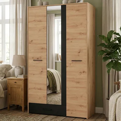 Produktbild von Lavagnoo - Kleiderschrank, 3 Türen, 119x53 cm, Wildeiche, Kleiderstange