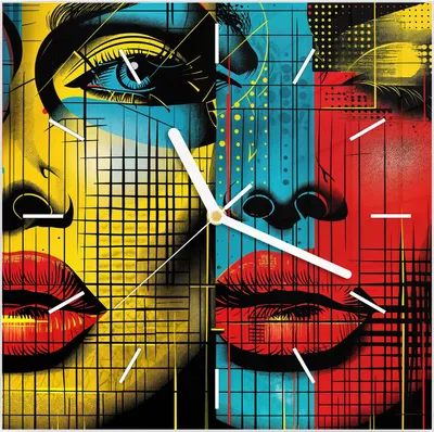 Produktbild von Wanduhr aus Glas mit Motiv Pop Art Gesichter- 30 x 30 cm - inkl. Aufhängesystem
